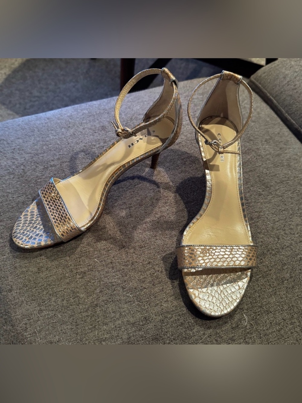 Coach Metallic Snakeskin Ankle-Strap Sandals